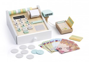 Caisse enregistreuse en bois avec calculatrice et lecteur de cartes - amusement et apprentissage 2 en 1