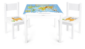Table et 2 chaises enfant couleur blanc motif Carte du Monde