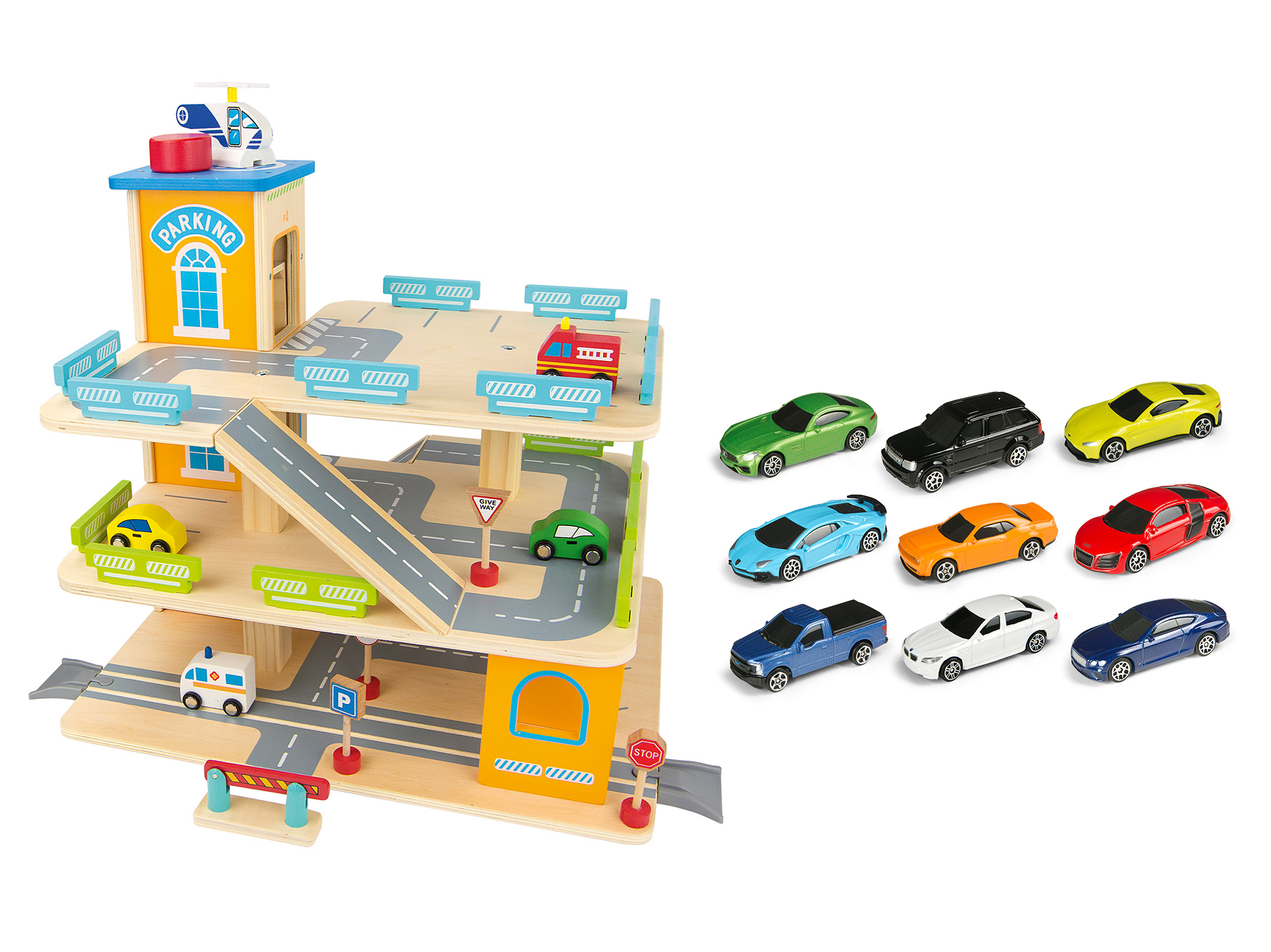 Garage parking voitures enfant - 3 niveaux, 6 voitures, ascenseur, rampes  en spirale, 15 places stationnement - PP ABS orange gris bleu
